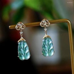 Dangle Earrings S925 Sterling Silver High -Permeable Leaf-Shapepd Stud Eardrops Exquisite Design Clear Water Green Refined Stylish