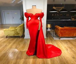 African Sexy Simple Red Satin Mermaid Prom Dresses Off Shoulder Long sleeve High Side Split Formal Party Gowns Custom Made Vestido7688550