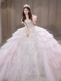 Off The Shoulder Lace Wedding Dresses new Puffy Princess Wed Gowns Dubai Designer Sweep Train Ruffles vestidos de novia Plus Size Princess Bridal Gowns Robe De Mariee