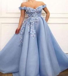 Gorgeous Baby Blue Prom Dresses A Line Off Shoulder Full Length Long Formal Evening Dresses With Beaded Flowers Plus Size Arabic P7691255