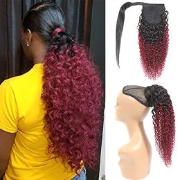 Ponytails Ponytails Afro Kinky Curly Drawstring Ponytail Human Hair 1B/99J Colour Wrap Around Ponytail Long Pony Tail Clip in Hairpiece