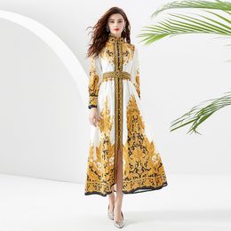 Long Maxi Button Shirt Cocktail Dress Flare Sleeves Designer Womens Stand Collar Vintage Palace Printed Dresses Elegant Button Down Cardigan Casual Party Robes