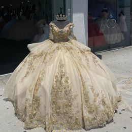 Champagne Sweet 16 Quinceanera Dress Off Shoulder Appliques Ball Gown Butterfly Princess Party Birthday Dress Vestidos De