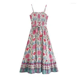 Casual Dresses YENKYE Women Ethnic Style Floral Print Spaghetti Strap Dress Sexy Sleeveless With Belt Female Holiday Summer