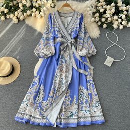 New Women's Fashion Partydress Designer Dress Casual Dresses Designer Runway Women V Neck Maxi Dress Elegant Spring Flower Print Green L 5504