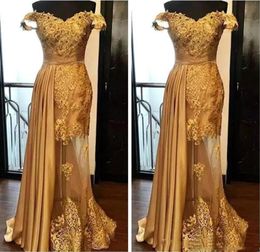 Elegant Gold Evening Formal Dresses Lace Applique Beaded Prom Dress Ruched Peplum Floor Length Off Shoulder Plus Size Special Occa2710556