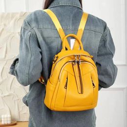 School Bags Soft Genuine Cow Leather Women Satchel Fashion Double Zipper Shoulder Bag Backpack MultiPockets Travel