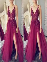 2020 New Dark Fuchsia Deep V Neck Prom Dresses Lace Top Tulle Split Formal Evening Dresses Long Party Gowns 7172565041