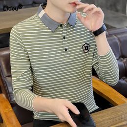 2023 Business Casual PoloNeck Striped Tshirt for Men Fashion Allmatch Long Sleeve Pullovers Tops Spring Autumn Male Clothes 240312