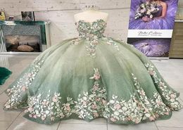 2023 Light Green Handmade Flowers Quinceanera Dresses Ball Gown Sweetheart Sleeveless Appliques Corset For Sweet 15 Girls Party BC4807720