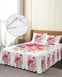 Bed Skirt Peony Flower Leaves Elastic Fitted Bedspread With Pillowcases Protector Mattress Cover Bedding Set Sheet