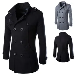 Men's Trench Coats Mid Long Coat Double Breasted Stand Collar Overcoat Winter
