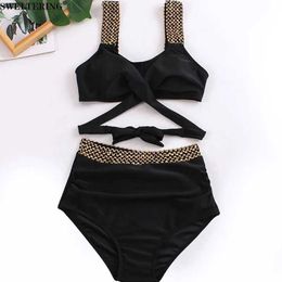 Women's Swimwear SWELTERING New Cross High Waited Bikini Solid Colour Push Up Swimsuit Two Piece Set Fashion Party Beach Bikini Swimsuit Set J240319