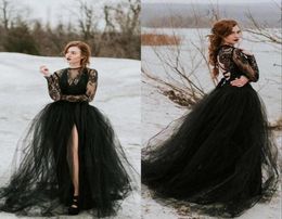 Sexy Sheer Black Lace Tulle Gothic Wedding Dress With Long Sleeves Top Slit Skirt Women Non White Bridal Gown Wedding Dress6910547