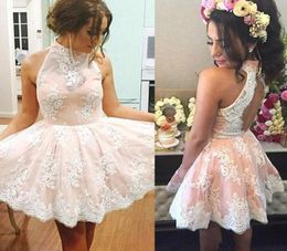 Charming Pink Hollow Back Short Homecoming Dresses Arabic High Neck Applique Bridesmaid Short Prom Dress Cocktail Party Club Wear 8594671
