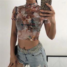 Women's T Shirts Sexy Women High Neck Short Sleeve Angel Cupid Print Mesh See Through Crop Top Female Loose Casual Tank Shirt