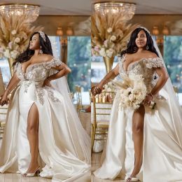 Gorgeous Plus Size Mermaid Wedding Dresses 2024 Off Shoulder Lace Appliques Beads Long Bridal Gowns With Front Split
