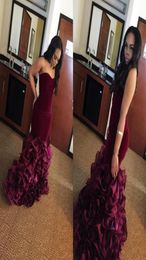 Modest Burgundy Long Mermaid Evening Dresses Rose Floral Flowers Tiered Sweetheart Velvet Plus Size Formal Party Prom Gowns Vestio2153272