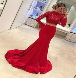 Jewel Lace Appliques Slim Mermaid Prom Dresses Two Piece Red Formal 2019 Custom Party Gowns Evening Vestidos De Soiree Plus Size S1222098