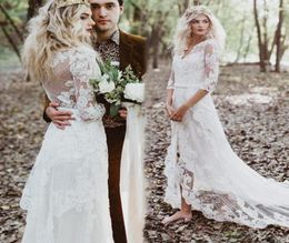 2021 Boho Wedding Dresses 12 Half Sleeves Lace Illusion Back High Low V Neck Custom Made Country Wedding Bridal Gown robe de mari7385252