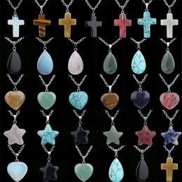 Love Heart Water Drop Natural Crystal Stone Cross Star Pendant Tiger Eye Turquoises Necklace Chain For Women Girls Charm Jewelry