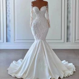 Elegante Meerjungfrau Brautkleider Sheer Neck Langarm Sweep Zug Applikationen Perlen Brautkleider vestidos de novia