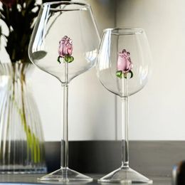 1 Piece Creative 3D Pink Glass Rose Build-in Red White Wine Glasses Cup Stemware Goblets Champagne Flute Household Lovely Gift 240320