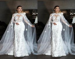 Fabulous Mermaid Wedding Dresses With Cape Jewel Neck 3D Lace Bridal Gown Vestidos Dubai Long Sleeve Beach Wedding Dress Plus Size9001508