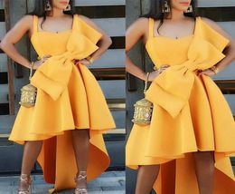 2020 Yellow Aline Evening Dresses Hilo Spaghetti Strap Satin Bow Sweep Train Evening Gown Ruched Custom Made Formal Party Gown7409770