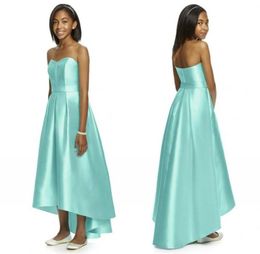 Mint Green 2021 Junior Bridesmaid Dresses Strapless Sleeveless HiLo Long Satin With Belt Cheap Bridesmaid Dresses5937621