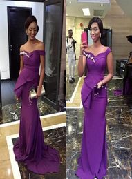 Purple Satin Long Mermaid Bridesmaid Dresses 2019 Off Shoulder Peplum Appliques Sweep Train African Wedding Guest Maid Of Honor Dr5443780