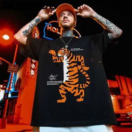 Men's T-Shirts ZAZOMDE Summer Mens T-shirt Korean Fashion Retro Loose Letter Cartoon Tiger Short Sleeve Cotton T-shirt Extra Large Top Unisex T-shirt J240319