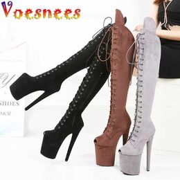Dress Shoes 20CM Suede Platforms Over-the-Knee Boots Fashion Ultra-high Heels Models Walking Show Lace Up Sexy Pole Dance Women Pumps H240325