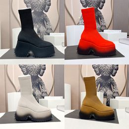 Modische Sockenstiefel, gewebte elastische Wollleder-High-Heels, Plateau-elastische Socken-Stiefeletten mit dicken Sohlen, bequeme, weiche, temperamentvolle Strickschuhe, klobiger Absatz, Vintage