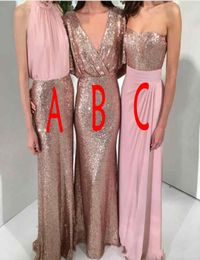 2020 New Sexy Sequins Bling Mermaid Bridesmaid Dresses Mixed Styles Rose Gold and Pink Floor Length Prom Maid of Honour Wedding Gue6182576