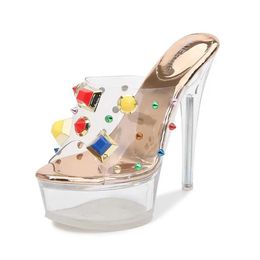 Dress Shoes Transparent Womens 2020 Summer Roman Style Stiletto Waterproof Platform Super High Heel14CM Open Toe Colour Rivet SandalsNCS0 H240321