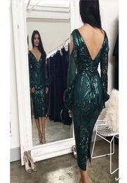 Dark Green Long Sleeve Mermaid Prom Dresses Tea Length V Cut Backless Sequins Evening Gown Women Formal Wear Vestido5547907