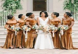 Velvet Mermaid Bridesmaid Dresses Long Front Split Off The Shoulder Wedding Guest Dress Plus Size African Maid Of Honour Gowns8649609