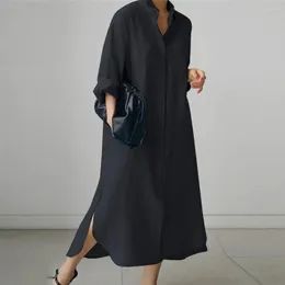 Casual Dresses Buttoned Shirt Dress Ankle-length Solid Colour Maxi With Irregular Split Hem Single-breasted Lapel For Women's