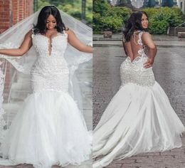 Fabulous Lace African Mermaid Wedding Dresses Plus Size Backless Court Train Tulle Applique Sexy Bride Gowns2234788