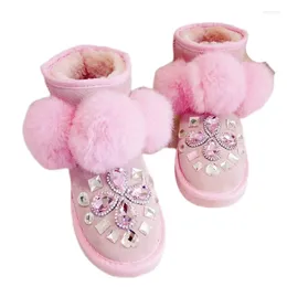 Boots Cute Pink Cow Suede Fluffy Ball Snow Ankle Woman Winter 2024 Shoes For Women Rhinestone Crystals Flat Warm Plush