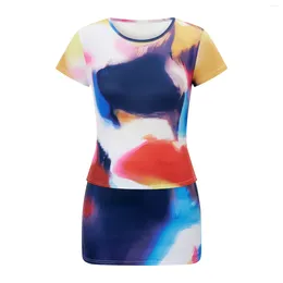 Work Dresses Women's 2 Piece Skirt Outfits Casual Short Sleeve Tie Dye Print Tops Mini Skinny Set