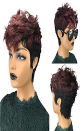 Peruvian Human Hair Wig With Bangs For Black Women Burgundy 99J Ombre Color Short Wavy Bob Pixie Cut Full Machine None Lace Wigs2738038