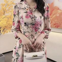 Casual Dresses Female Clothing Folk Broken Flowers Vintage Spring Summer 3/4 Sleeve Stylish Ruffles Spliced A-Line Waist Long Dress