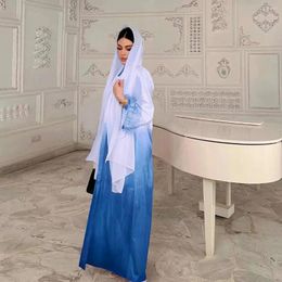 Ethnic Clothing Two Piece Gradient Abaya Set With Inner Dress Matching Muslim Sets Islam Feather Kimono Abayas For Women Dubai Eid Modest