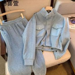 korean Autumn Grey Long Sleeved Jacket High Waist Wide Leg Pants Twopiece Set for Women Tracksuit Female Sportswear 240319