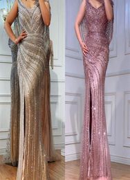 Dubai Luxus Champagner Sexy Split Abendkleider 2021 Diamant Perlen Ärmelloses Meerjungfrau Formelles Kleid mit Wrap9756271