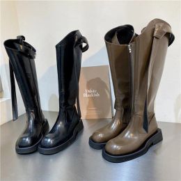 Boots 2022 New Women Knee High Boots Female Pu Leather Low Heels Thick Bottom Knight Boot Ladies Soild Side Zipper Mature Riband Shoe