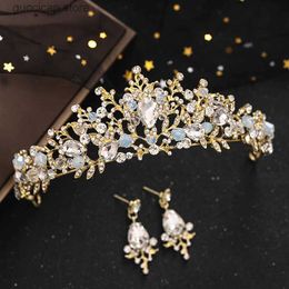 Tiaras New Wedding Crown Earrings Hair Accessories Handmade Rhinestone Bridal Headdress Woman Prom Jewellery Tiara Diadem Gift Y240320