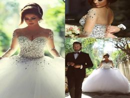 Arabic Ball Gown Wedding Dresses Crystal Beaded Sheer Neck Long Sleeves Said Mhamad Backless Corset Back Court Train Tulle Bridal 3532344